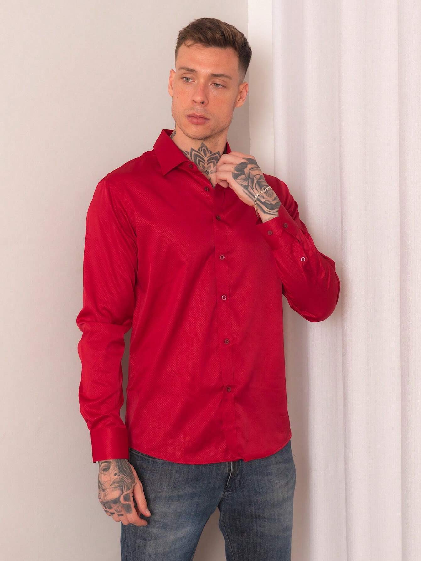 Camisa Social Masculina Vermelha Manga Longa Slim