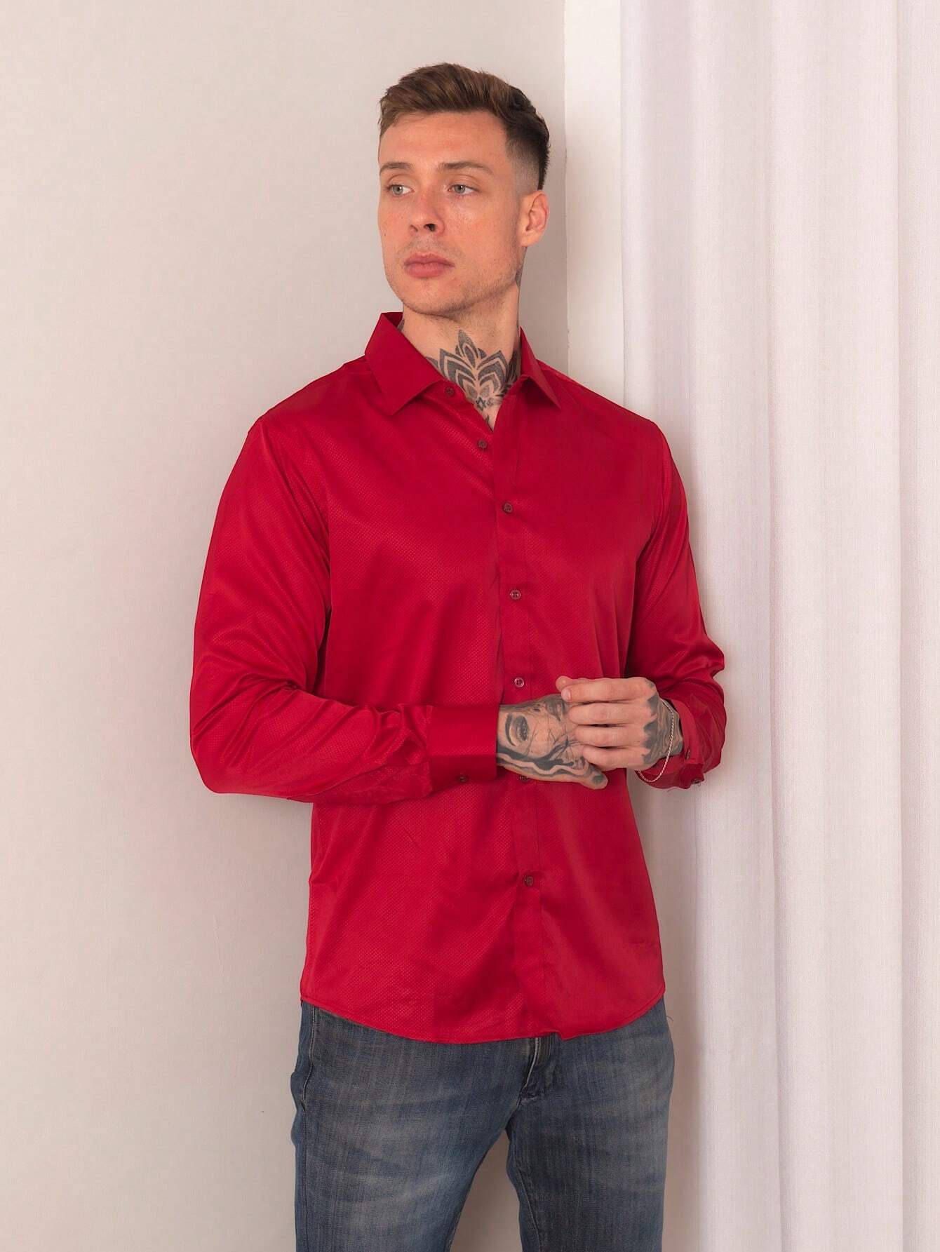 Camisa Social Masculina Vermelha Manga Longa Slim
