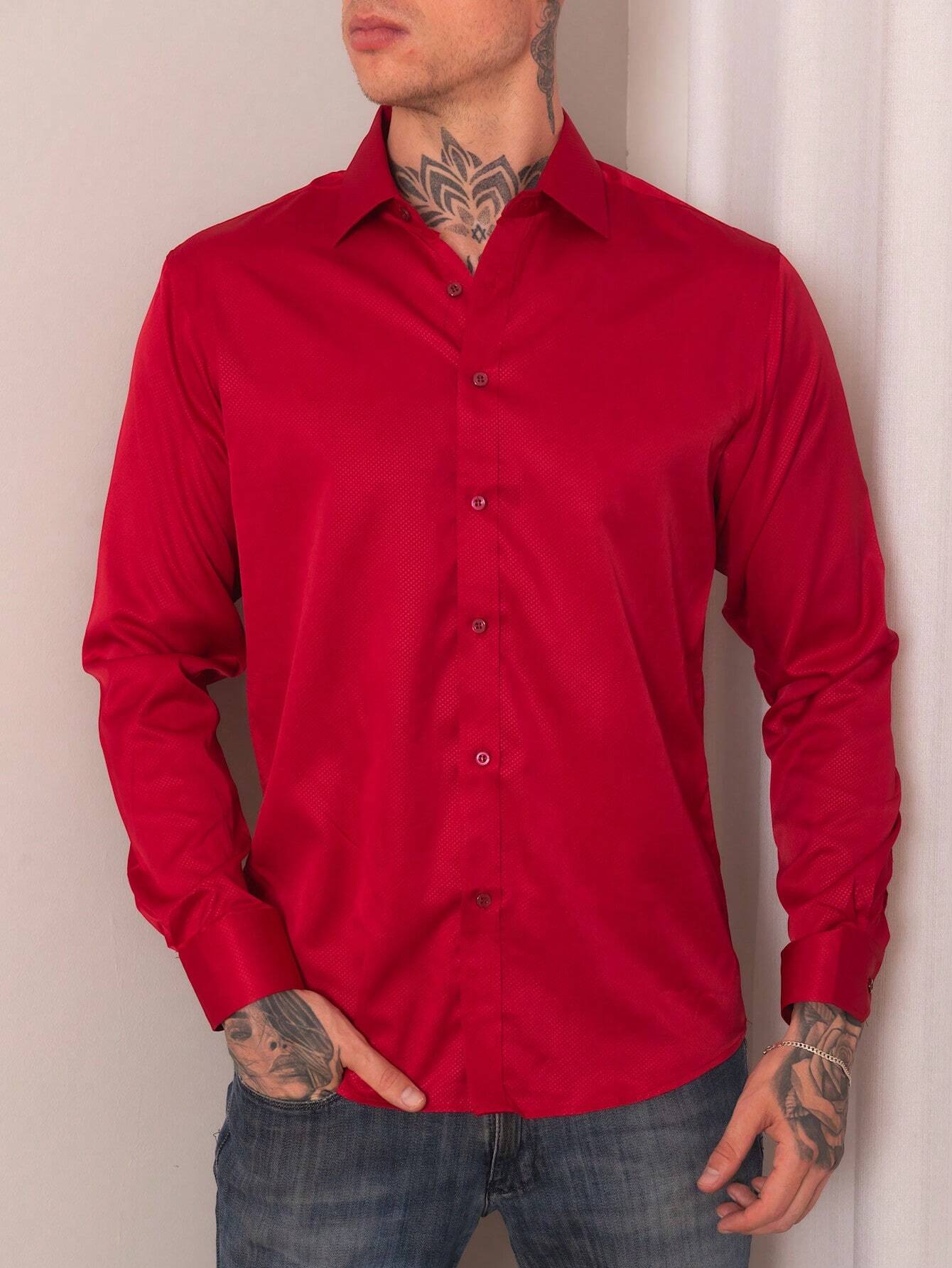 Camisa Social Masculina Vermelha Manga Longa Slim