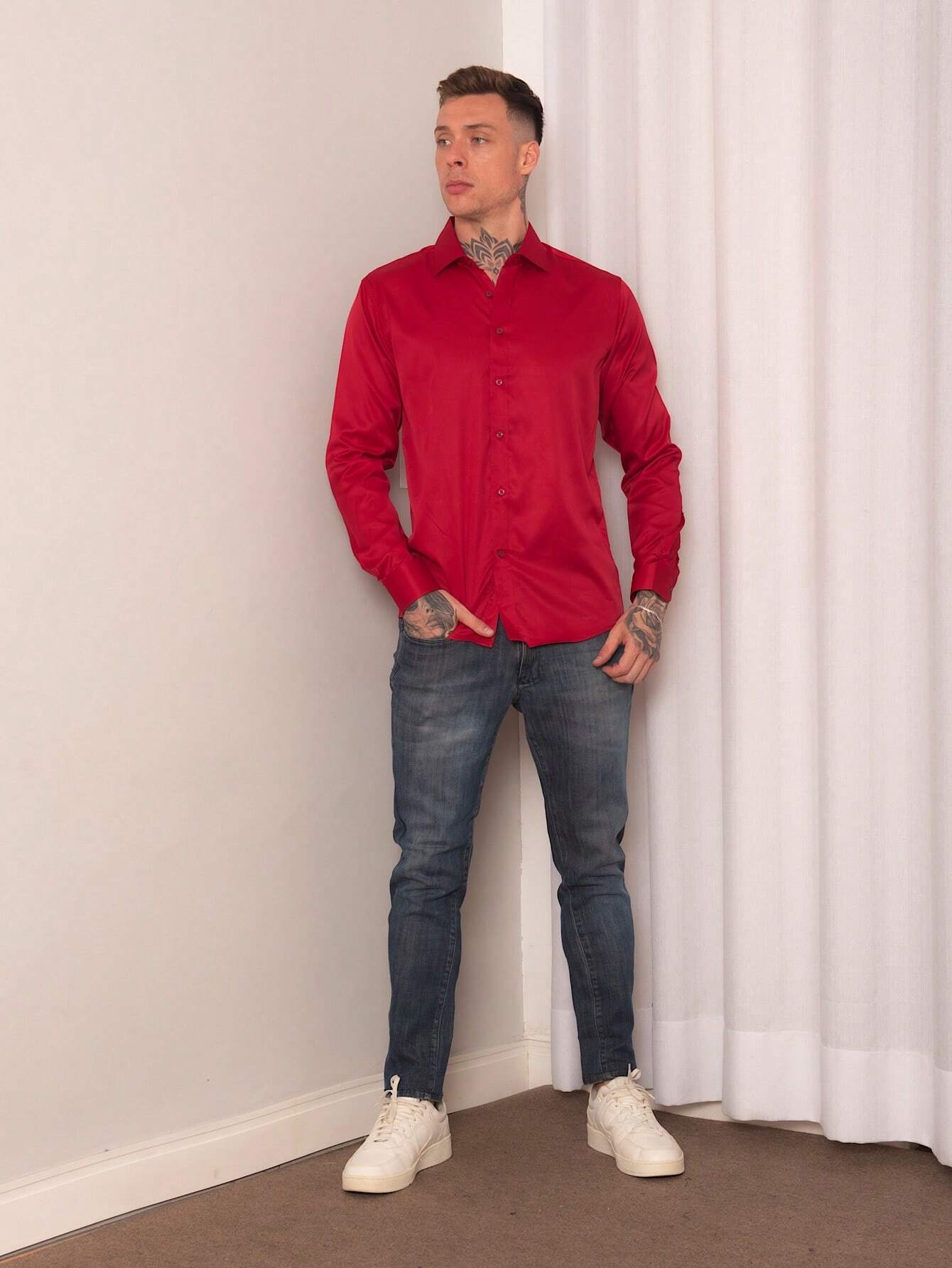 Camisa Social Masculina Vermelha Manga Longa Slim